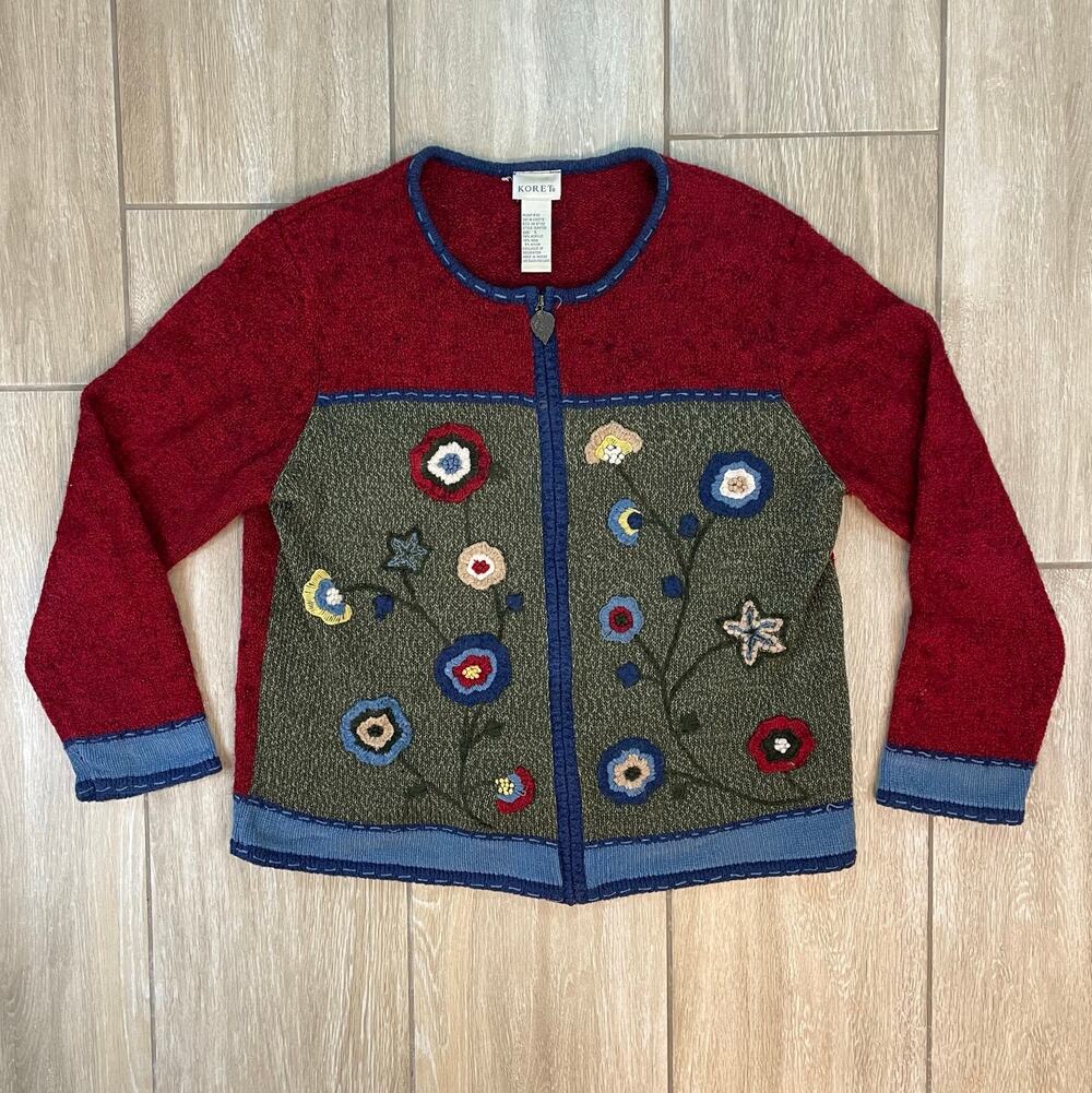 Vintage Koret Cardigan Women L Wool Blend Floral Embroidered Grandpa Sweater